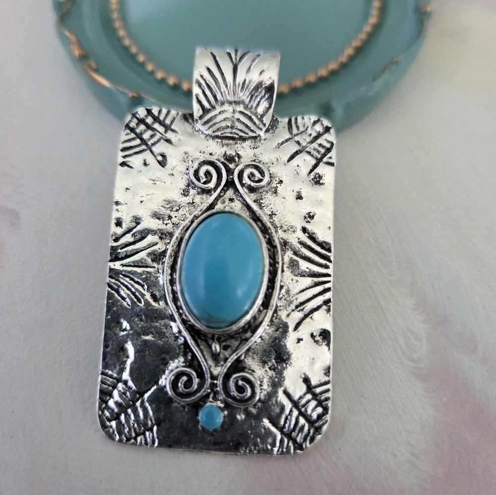 Silver Tone Rectangular Pendant With Turquoise Stone Oversized Statement